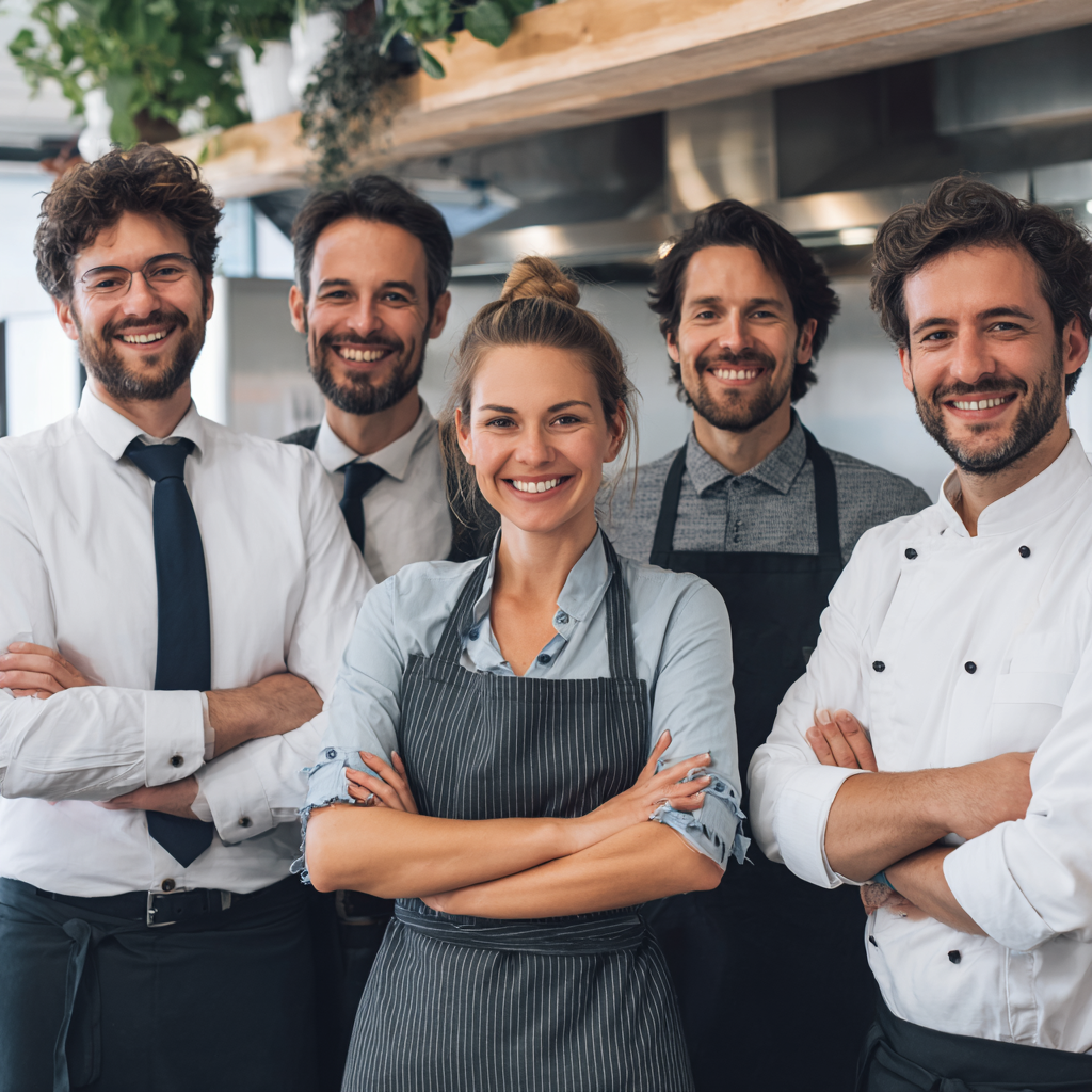 Професионален екип от диетолози на европейска външност на възраст 30-45 години в модерен офис, усмихнати и уверени