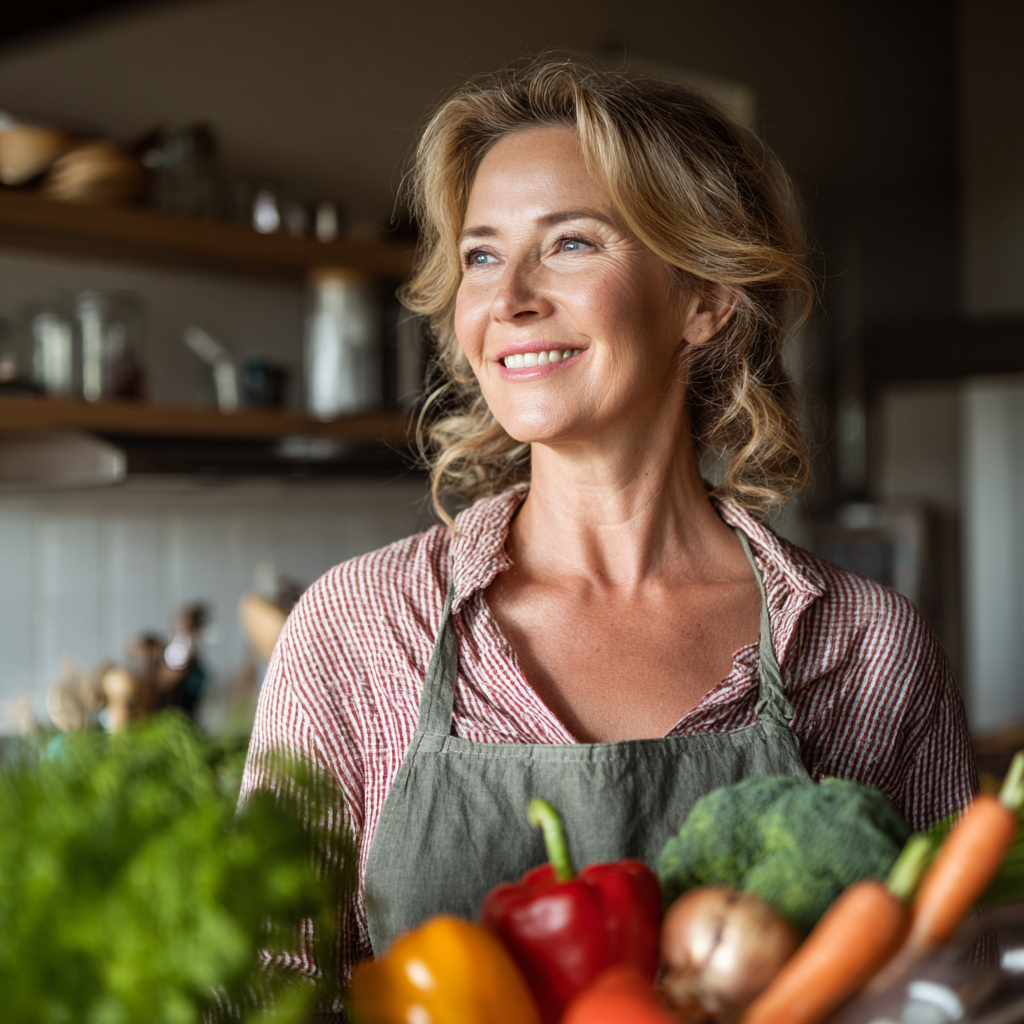 Здравословен начин на живот - хора на европейска външност на възраст 30-50 години, които готвят и се храни здравословно